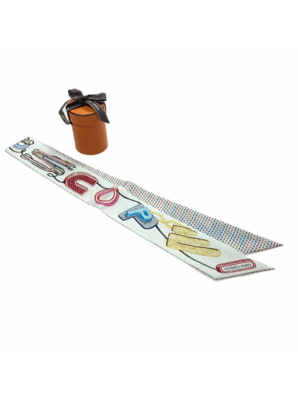 Hermes Twilly Chevalo Scope Neon White Multicolor Silk 100% Scarf Box Included